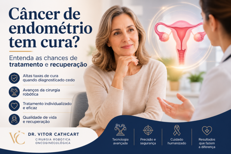 Mulher em consulta médica recebendo orientações sobre tratamento e recuperação do câncer de endométrio.