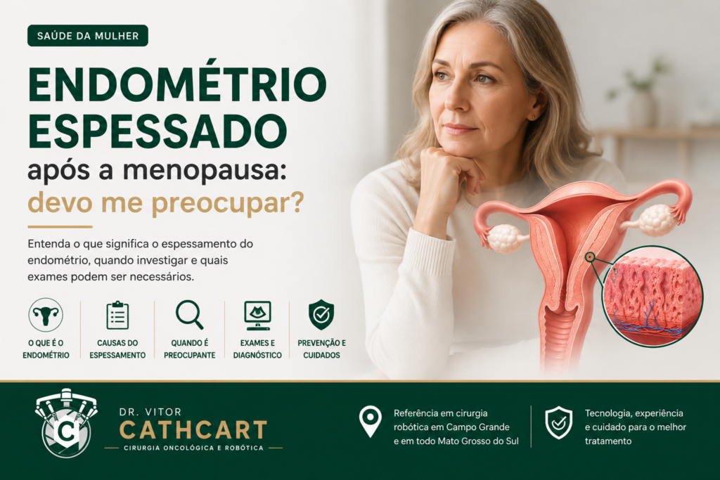 Ilustração médica mostrando o útero e o endométrio espessado após a menopausa. Imagem educativa sobre espessamento endometrial, investigação diagnóstica e risco de câncer de endométrio.