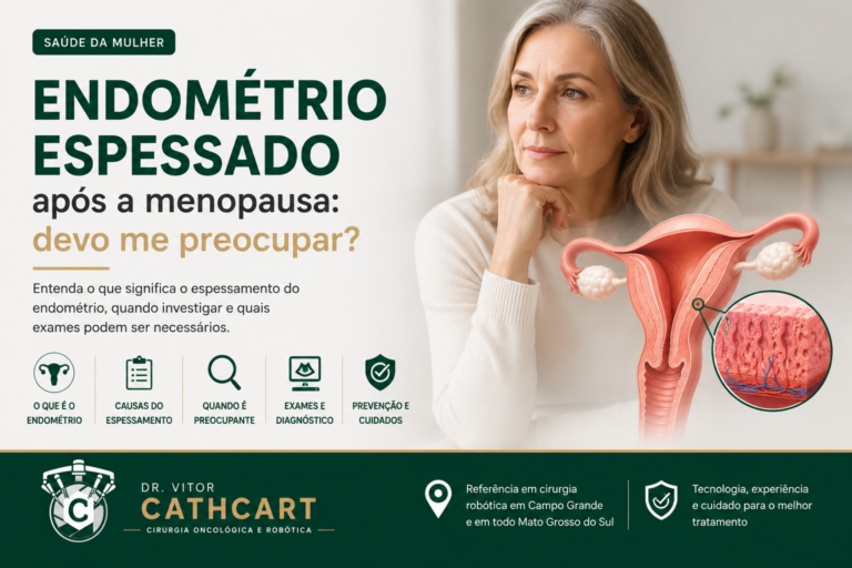 Ilustração médica mostrando o útero e o endométrio espessado após a menopausa. Imagem educativa sobre espessamento endometrial, investigação diagnóstica e risco de câncer de endométrio.