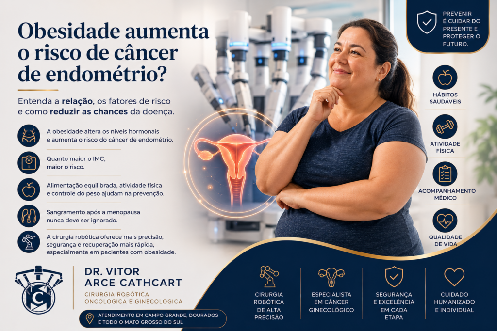 Ilustração sobre a relação entre obesidade e câncer de endométrio em mulheres após a menopausa.