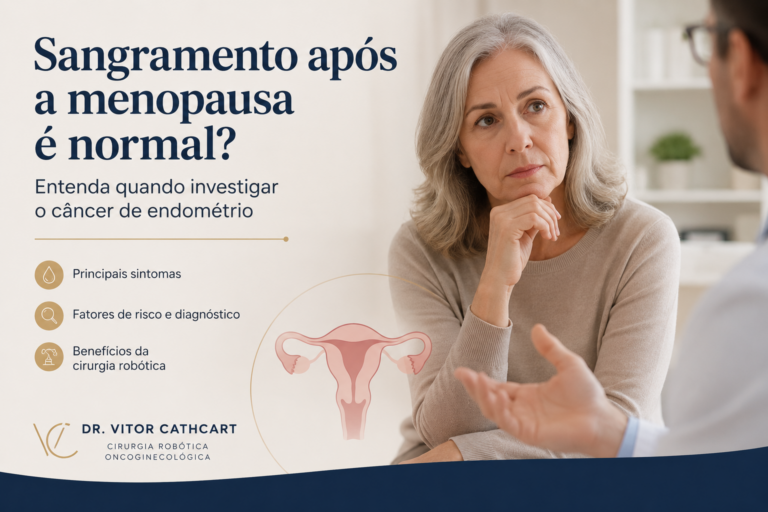 Mulher após a menopausa refletindo sobre sintomas do câncer de endométrio